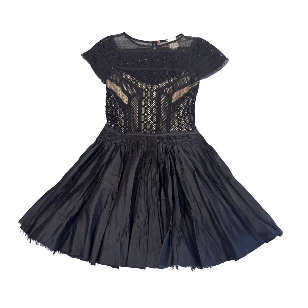Free People Dress Size 2 Fit Flare Crochet Lace Mixed Media Party Edgy Black